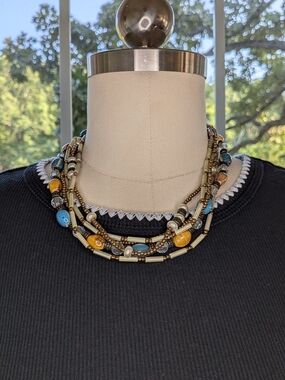 Premier Designs Multi Strand Bead Necklace Antique Brass Turquoise Amber Pearl